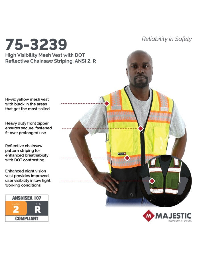 Majestic Men's High Visibility Mesh Vest with DOT Reflective Chainsaw Striping, ANSI 2, R