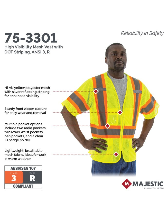 Majestic Men's High Visibility Mesh Vest with DOT Striping, ANSI 3, R