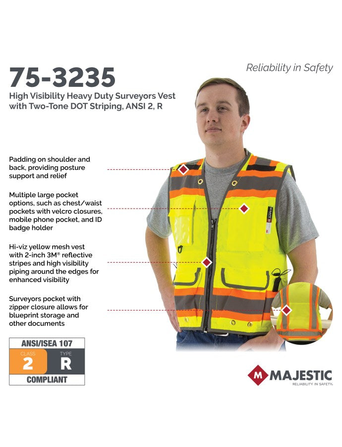 Majestic Men’s High Visibility Heavy Duty Surveyors Vest with Two-Tone DOT Striping, ANSI 2, R