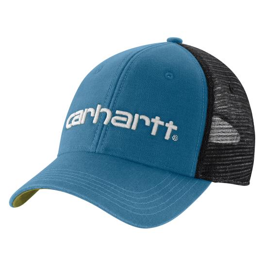 carhartt-mens-canvas-mesh-back-logo-graphic-cap-dark-tranquil-blue-workwear-wearhouse-work-boots-apparel-safety-gear
