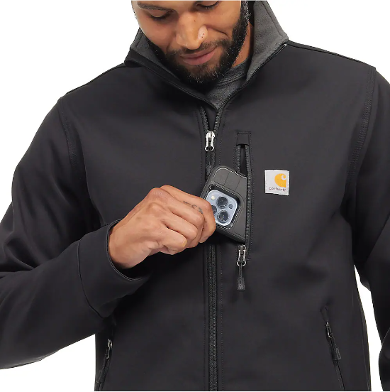 carhartt-mens-crowley-softshell-jacket-cell-phone-pocket-black-workwear-wearhouse-work-boots-apparel-safety-gear
