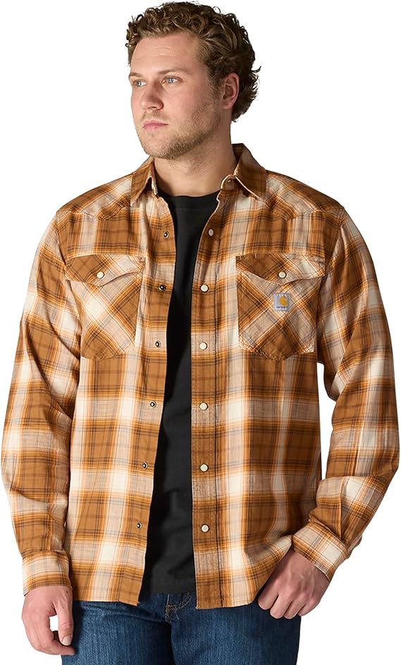 carhartt-mens-montana-rugged-flex-relaxed-fit-lightweight-long-sleeve-snap-front-plaid-shirt-fornt-carhartt-brown-workwear-wearhouse-work-boots-apparel-safety-gear
