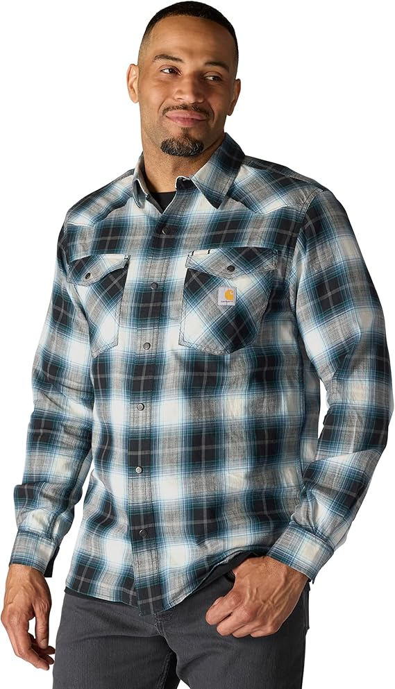 carhartt-mens-montana-rugged-flex-relaxed-fit-lightweight-long-sleeve-snap-front-plaid-shirt-front-black-workwear-wearhouse-work-boots-apparel-safety-gear
