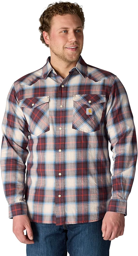 carhartt-mens-montana-rugged-flex-relaxed-fit-lightweight-long-sleeve-snap-front-plaid-shirt-front-dark-sepia-workwear-wearhouse-work-boots-apparel-safety-gear
