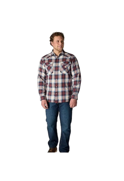 carhartt-mens-montana-rugged-flex-relaxed-fit-lightweight-long-sleeve-snap-front-plaid-shirt-full-front-dark-sepia-workwear-wearhouse-work-boots-apparel-safety-gear
