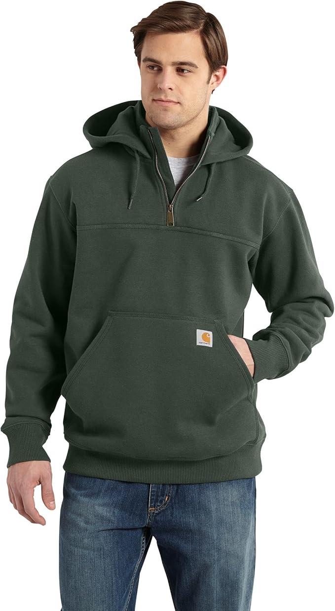 carhartt-mens-rain-defender-paxton-14-zip-sweatshirt-front-forest-green-workwear-wearhouse-work-boots-apparel-safety-gear
