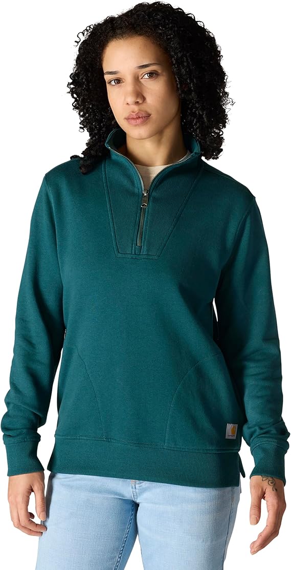 carhartt-womens-tencel-fiber-series-half-zip-sweatshirt-front-greenstone-workwear-wearhouse-work-boots-apparel-safety-gear
