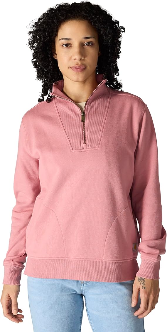 carhartt-womens-tencel-fiber-series-half-zip-sweatshirt-front-rose-tint-workwear-wearhouse-work-boots-apparel-safety-gear
