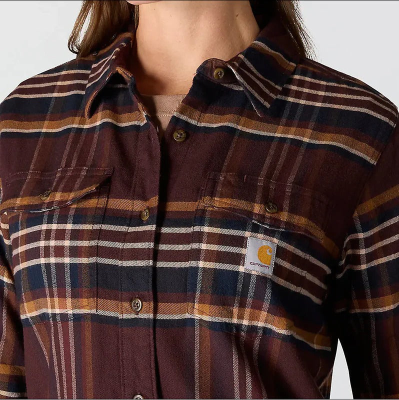 carhartt-womens-tencel-fiber-series-relaxed-fit-plaid-shirt-neckline-black-berry-workwear-wearhouse-work-boots-apparel-safety-gear
