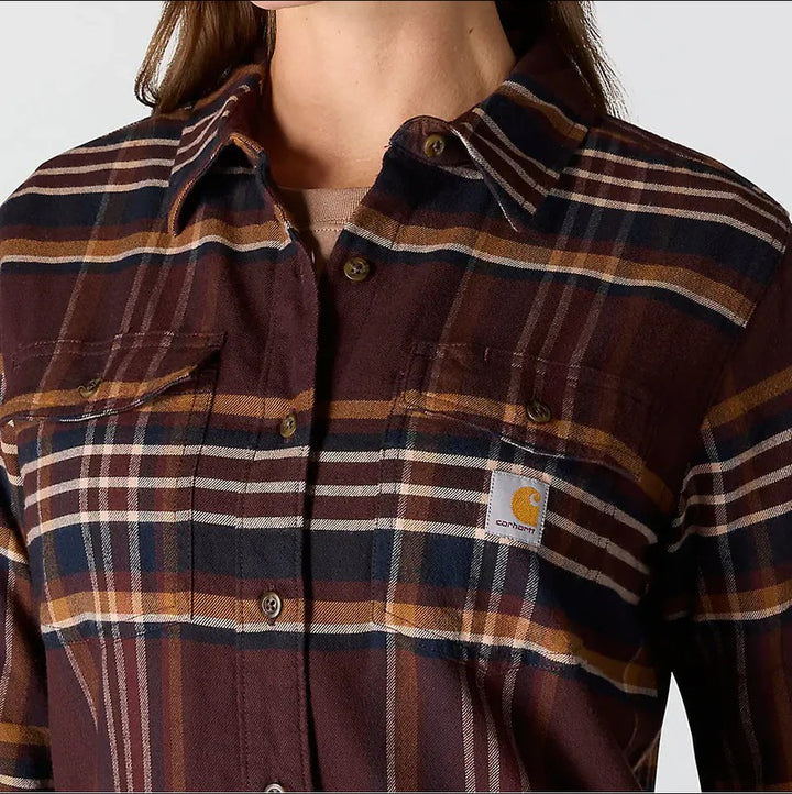 carhartt-womens-tencel-fiber-series-relaxed-fit-plaid-shirt-neckline-black-berry-workwear-wearhouse-work-boots-apparel-safety-gear
