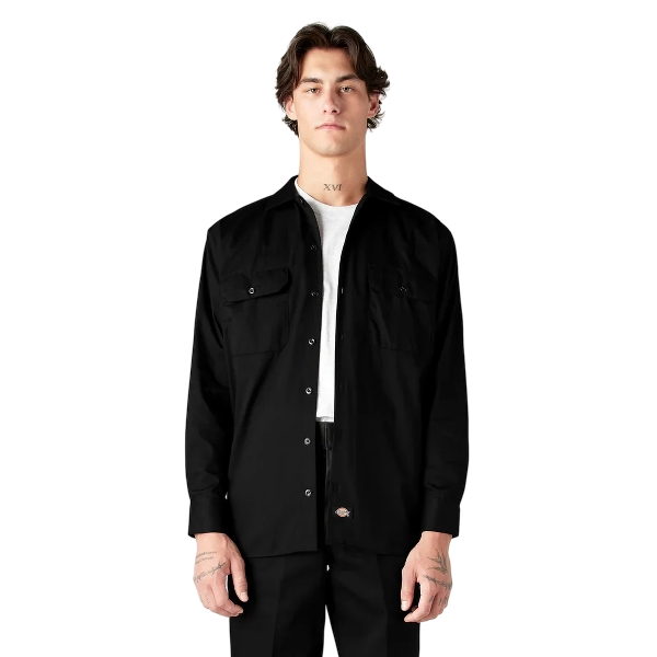 dickies-mens-long-sleeve-work-shirt-front-black-workwear-wearhouse-work-boots-apparel-safety-gear
