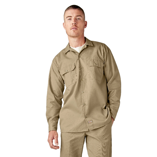 dickies-mens-long-sleeve-work-shirt-front-khaki-workwear-wearhouse-work-boots-apparel-safety-gear
