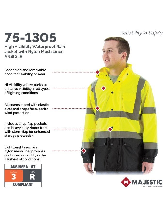 majestic-mens-high-visibility-waterproof-rain-jacket-with-nylon-mesh-liner-specs-workwear-wearhouse-work-boots-apparel-safety-gear

