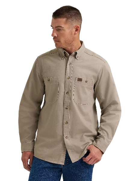 wrangler-mens--riggs-workwear-long-sleeve-button-down-solid-twill-work-shirt-khaki-front-workwear-wearhouse-work-boots-apparel-safety-gear

