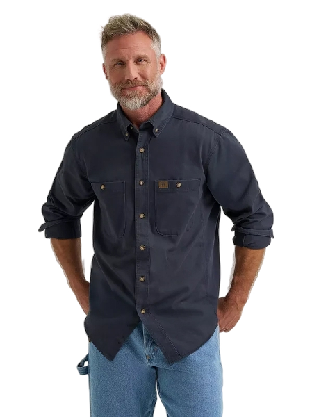 wrangler-mens--riggs-workwear-long-sleeve-button-down-solid-twill-work-shirt-navy-front-workwear-wearhouse-work-boots-apparel-safety-gear
