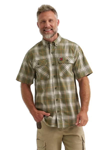 wrangler-mens-riggs-workwear-foreman-plaid-work-shirt-olive-front-workwear-wearhouse-work-boots-apparel-safety-gear
